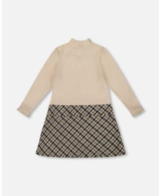 Girl Long Sleeve Bi-Material Mock Neck Dress Beige and Plaid - Toddler|Child