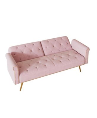 Pink Velvet Sofa Bed with Nailhead Trim & Pillow