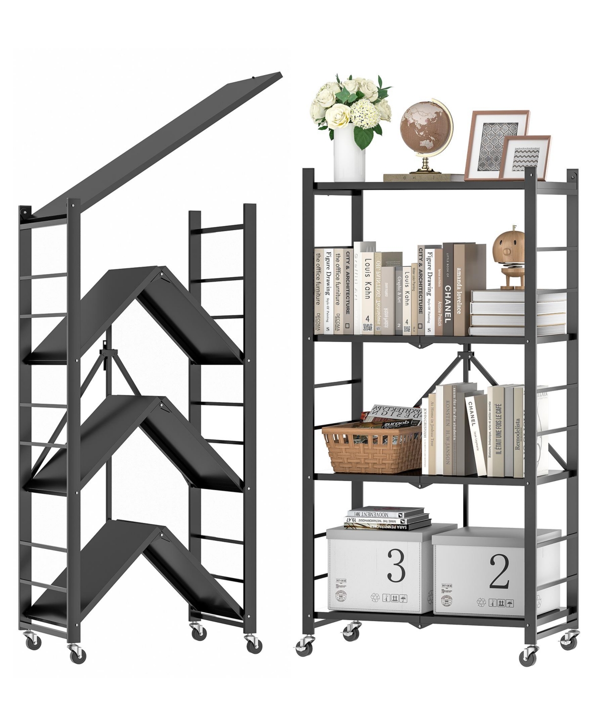 4-Tier Foldable Storage Shelves, Metal Storage Rack with Wheels and Hooks - Black