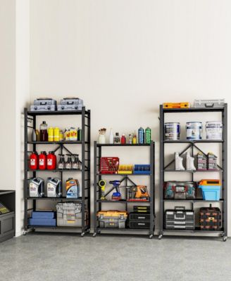 5-Tier Foldable Storage Shelves, Metal Storage Rack with Wheels and Hooks