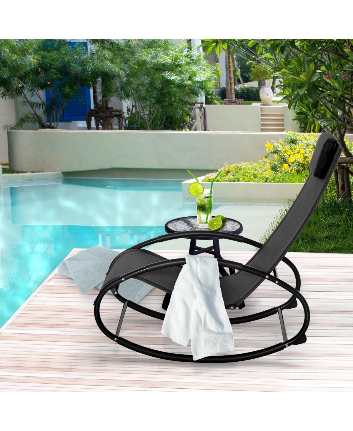 Flynama Pool Lounger, Outdoor Rocking Lounge Chair for Sunbathing, Pool, Beach, Porch with Pillow & Cool Mesh, Sun Tanning Rocker, Black
