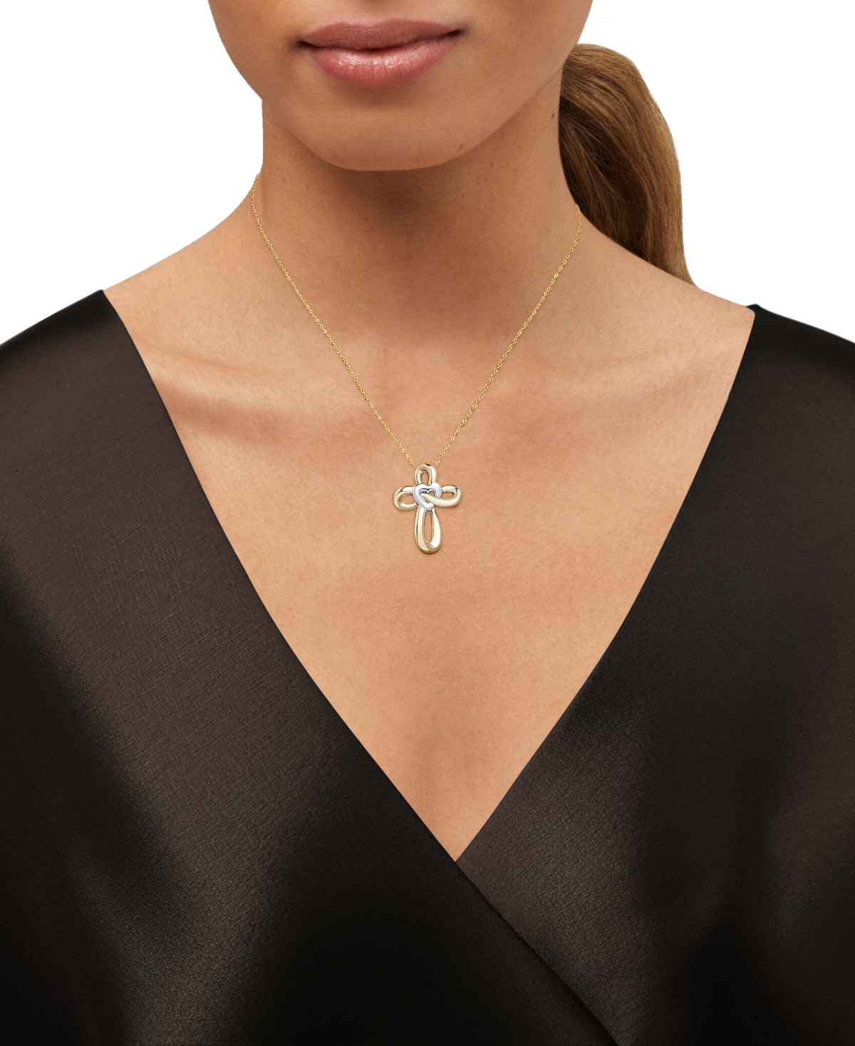 Macy's Two-tone Polished Heart & Cross Curvy 18" Pendant Necklace In 14k Gold In Gold