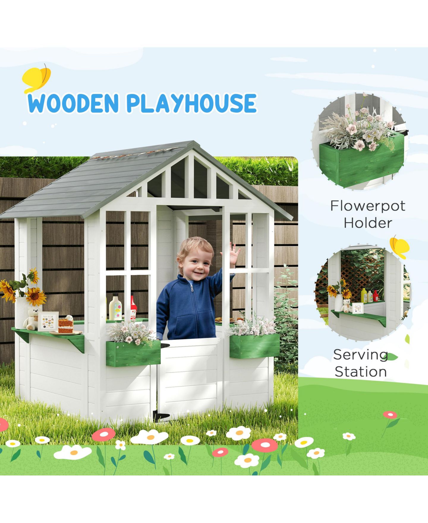 Детская игрушка Outsunny Outdoor Wood Playhouse with Tilt Roof, Ages 3+, цвет: Белый — фото 6