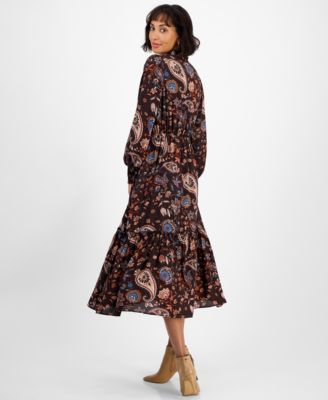 Women's Printed Split-Neck Long-Sleeve Midi Dress