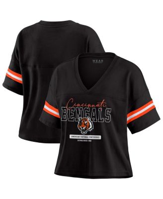 WEAR by Erin Andrews - Women's Black Cincinnati Bengals Color Block Boxy Modest Crop V-Neck T-Shirt