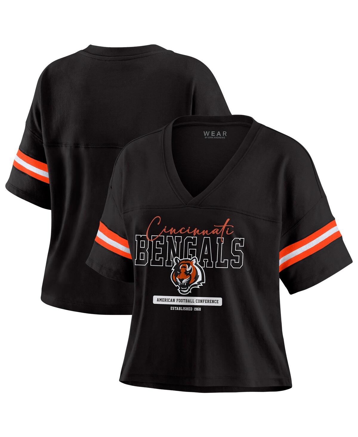 Women's Black Cincinnati Bengals Color Block Boxy Modest Crop V-Neck T-Shirt - Black
