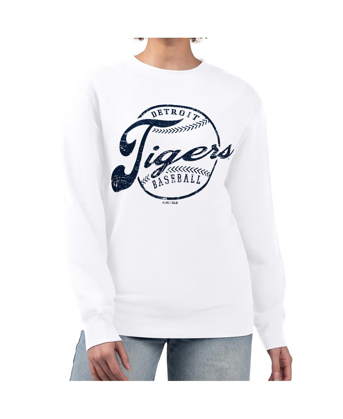 G-iii 4her By Carl Banks Women's White Detroit Tigers Distressed Baseball Team Fleece Pullover Sweatshirt