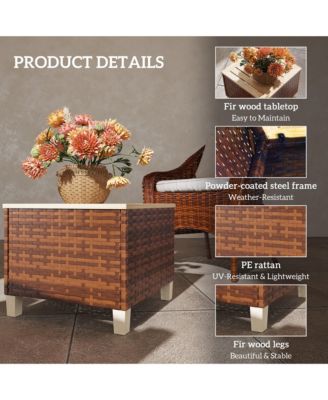 Outdoor Side Table with PE Rat, Patio End Table with Wood Top