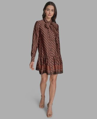 BCBG - Women's Satin Tie-Neck Long-Sleeve Shift Dress