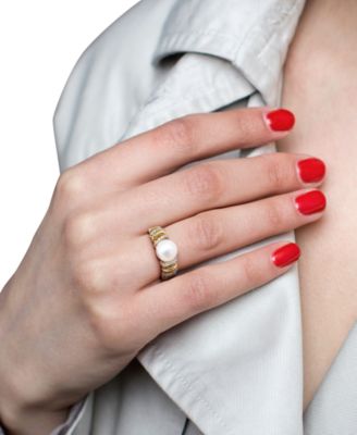 Cultured Freshwater Pearl (8-8.5mm) & Diamond (1/6 ct. t.w.) Ring in 10k Yellow Gold