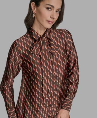 Women's Satin Tie-Neck Long-Sleeve Shift Dress