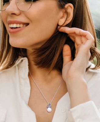 Cultured Freshwater Pearl (9-1/2mm), Multi-Sapphire (7/8 ct. t.w.) & Diamond (1/20 ct. t.w.) 17" Pendant Necklace in 14k White Gold