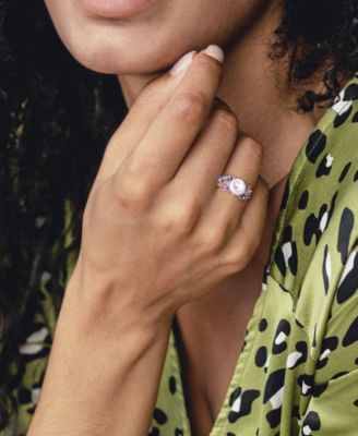 Cultured Freshwater Pearl (9mm), Multi-Sapphire (1-5/8 ct. t.w.) & Diamond (1/8 ct. t.w.) Ring in 14k White Gold
