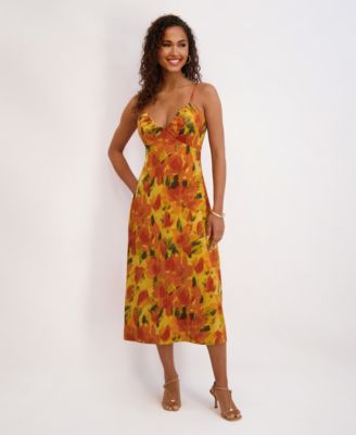 Women's Printed Satin Sleeveless V-Neck Maxi Dress