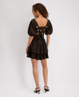 Women's Stretch-Jacquard Puff-Sleeve A-Line Dress
