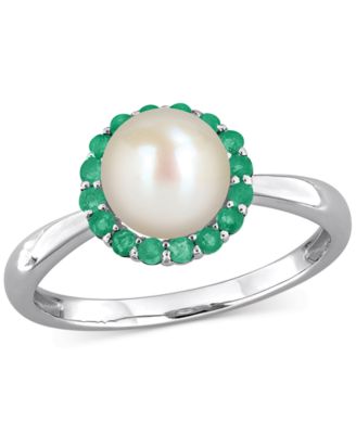 Macy's - Cultured Freshwater Pearl (7-7.5mm) & Emerald (1/3 ct. t.w.) Ring in Sterling Silver