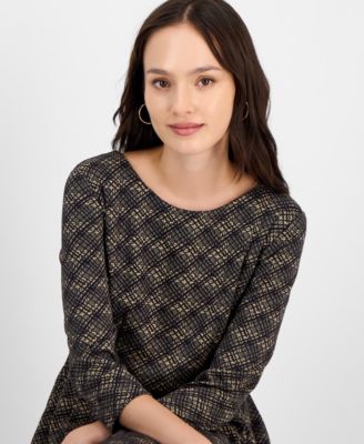 Petite Printed Round-Neck 3/4-Sleeve Dress