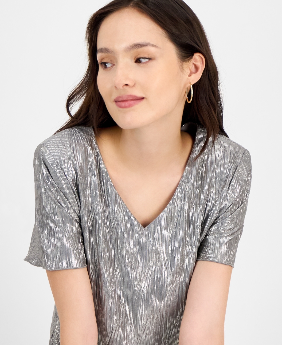 Connected Petite Tiered Short-sleeve V-neck Dress In Gray