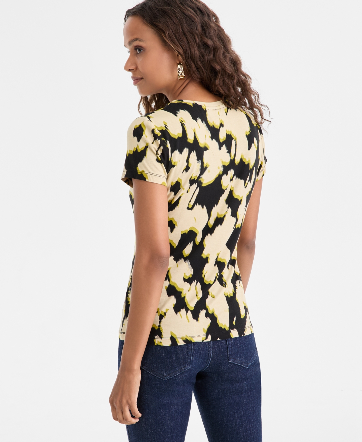 Inc International Concepts Petite Cotton Abstract-print Cap-sleeve T-shirt, Macy's Exclusive In Black