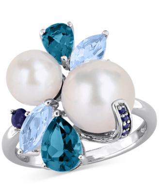 Macy's - Cultured Freshwater Pearl (7-8.5mm), Blue Topaz (1/5 ct. t.w.) & Sapphire (1/5 ct. t.w.) Ring in Sterling Silver