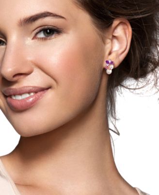 Colored Cultured Freshwater Pearl (6 & 8mm) & Multi-Gemstone (2-5/8 ct. t.w.) Cluster Earrings in 18k Rose Gold Flash-Plated Sterling Silver