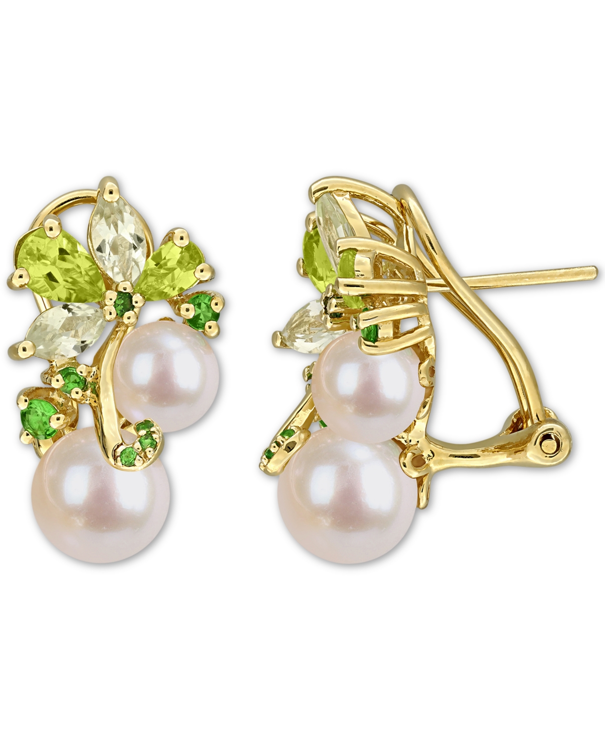 Pink Cultured Freshwater Pearl (6 & 8mm) Multi-Gemstone (2-5/8 ct. t.w.) Cluster Omega Back Earrings 18k Rose Gold Flash-Plated Sterling Silver