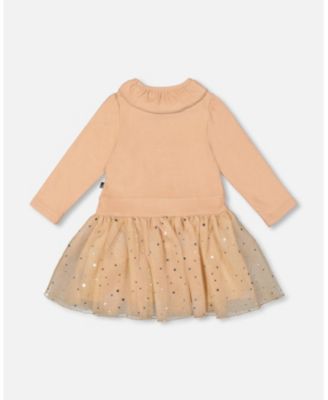 Baby Girl Bi-Material Dress with Glittering Skirt Beige - Baby
