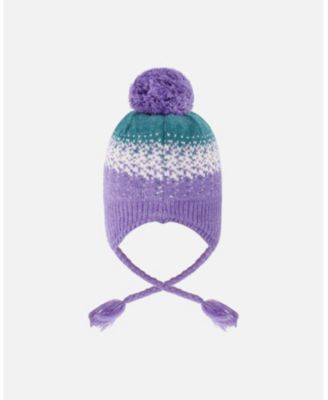Girl Lined Peruvian Knit Hat with Pompom Lilac and Green - Toddler|Child