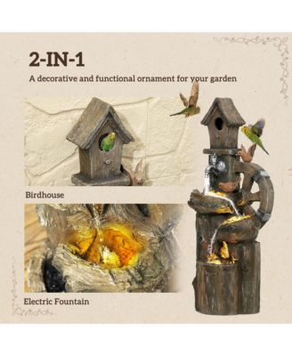 2-in-1 Outdoor Water Fountain with Birdhouse, Outdoor Waterfall