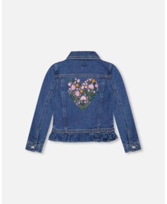 Girl Denim Jacket Blue with Ruffle Hem and Floral Embroidery - Toddler|Child