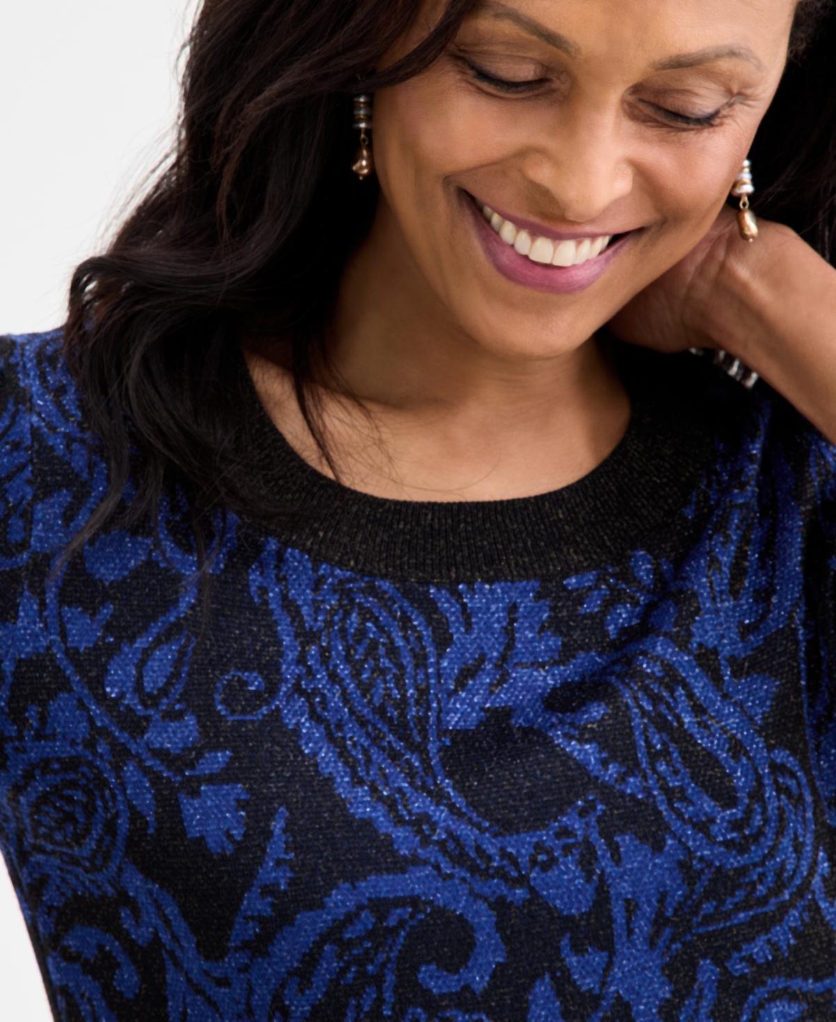Jm Collection Women's Jacquard Crewneck Elbow-sleeve Sweater, Macy's Exclusive In Blue