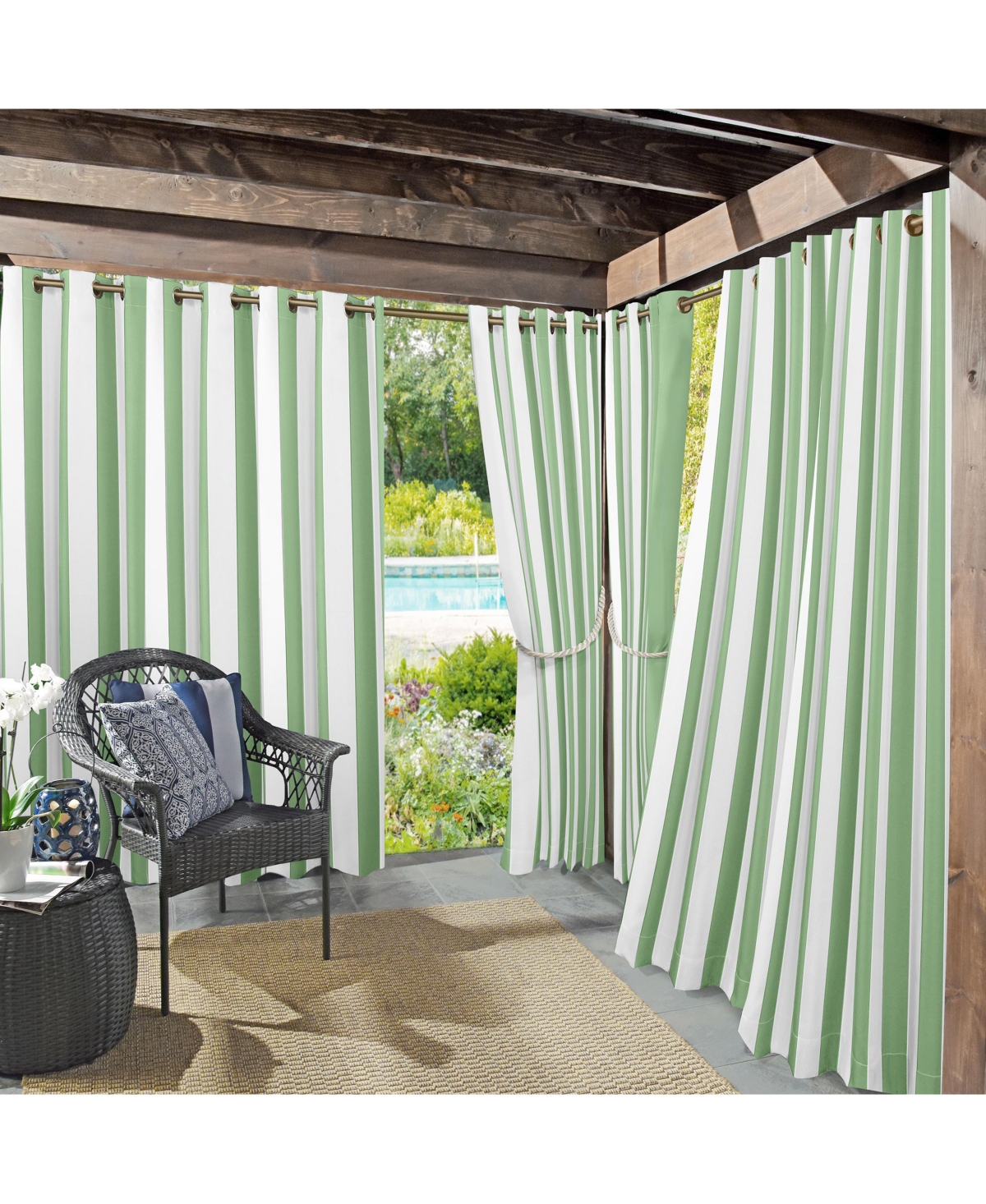 Valencia Cabana Stripe Indoor/Outdoor Uv Protectant Room Darkening Grommet Curtain Panel - Spa Green