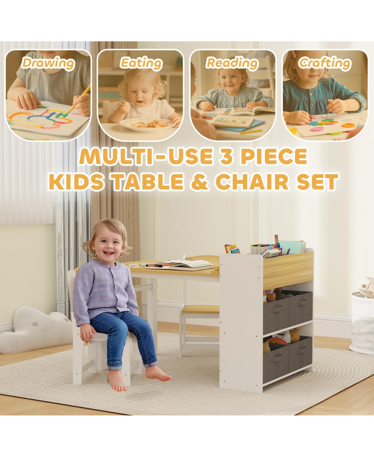 Qaba Kids Desk and Chair Set, Activity Craft Table for 3-8, Natural Wood