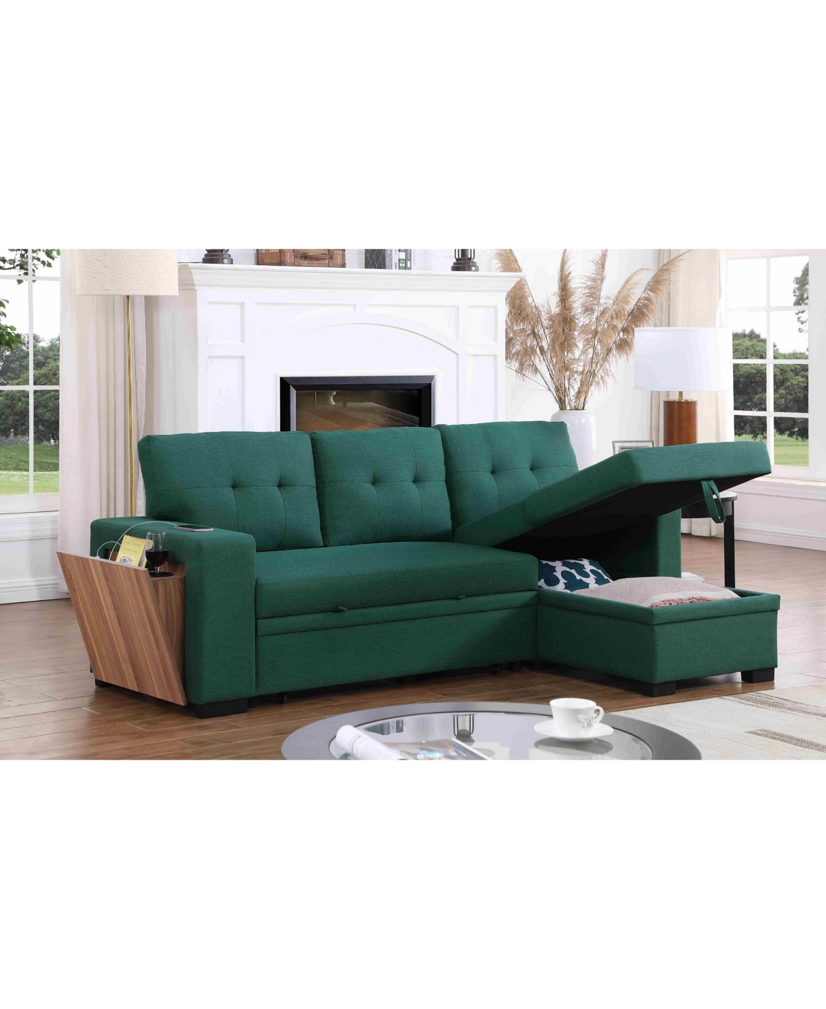 Homlux 3-Piece Linen Sectional Sofa with Pull-Out Sleeper, Storage Chaise & Cup Holder,Green