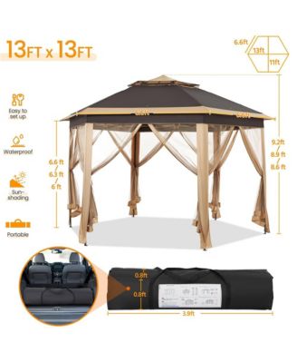 13×13 FT Hexagonal Outdoor Gazebo, Pop-Up Canopy for Patio Backyard Garden Wedding Party, Khaki/Brown