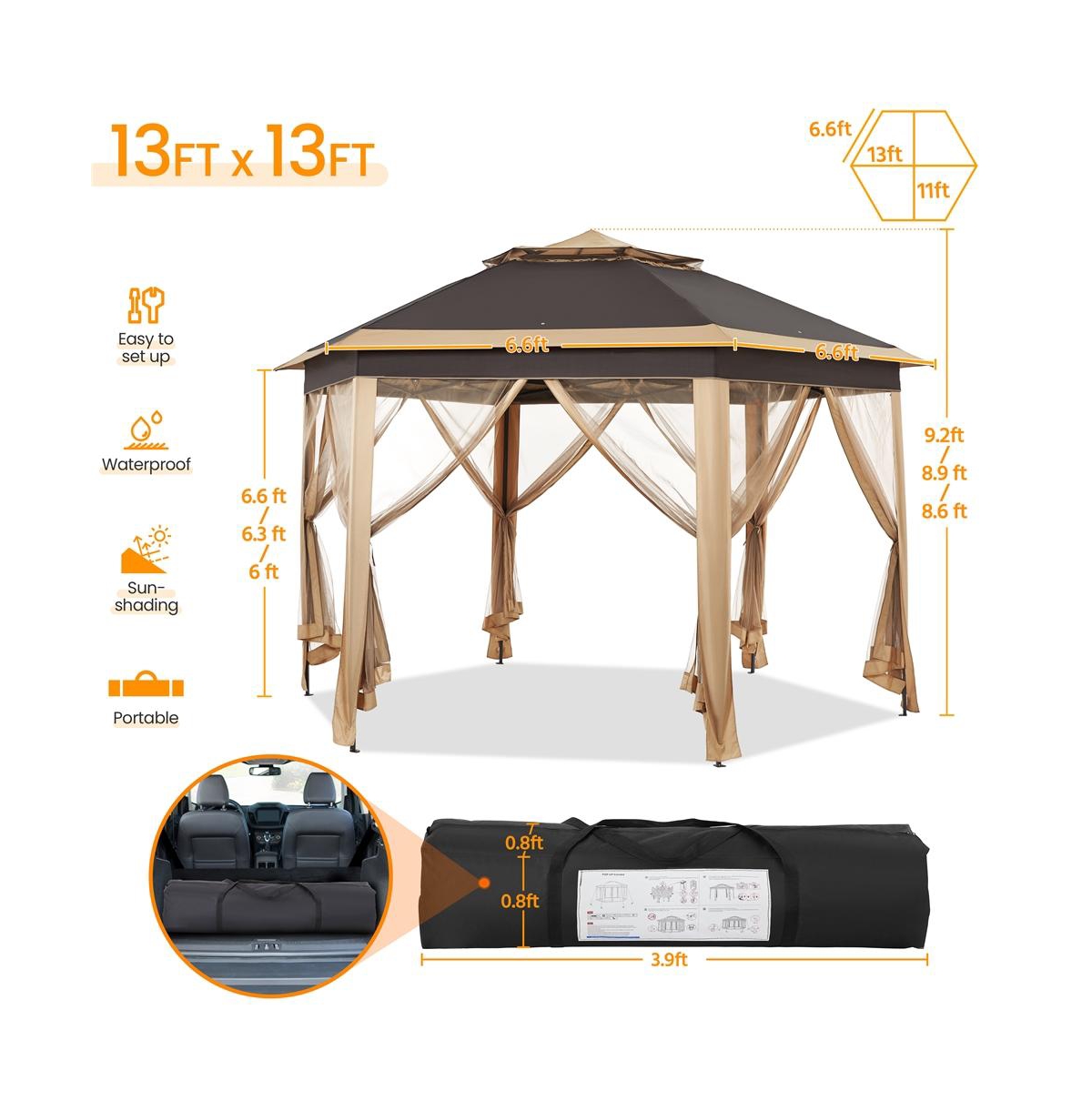 Yaheetech 13×13 Ft Hexagonal Outdoor Gazebo, Pop-Up Canopy for Patio Backyard Garden Wedding Party, Khaki/Brown