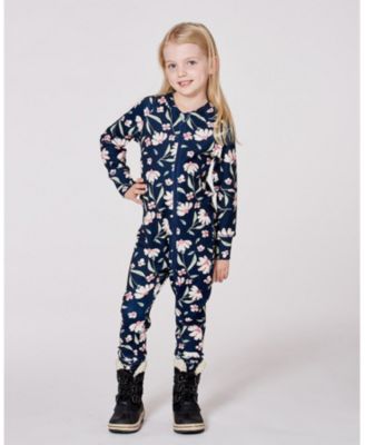 Girl One-Piece Thermal Underwear Navy Flower Print - Child