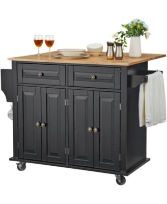 Mobile Kitchen Cart with Solid Wood Top, Storage Cabinet, Spice and Towel Rack