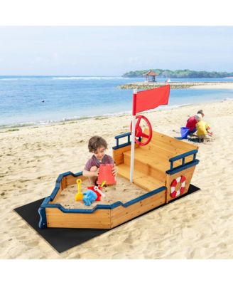 Toddler Pirate Boat Wooden Sandbox Non-Woven Fabric Liner Children Outdoor Playset