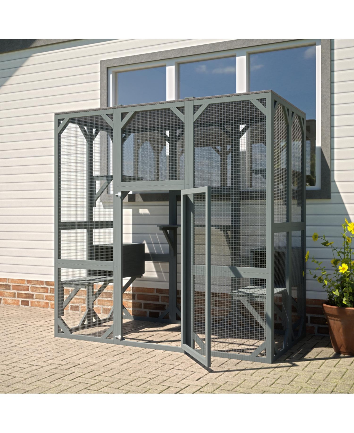 Outdoor Cat House Wooden Catio Enclosure w/Cover - Gray