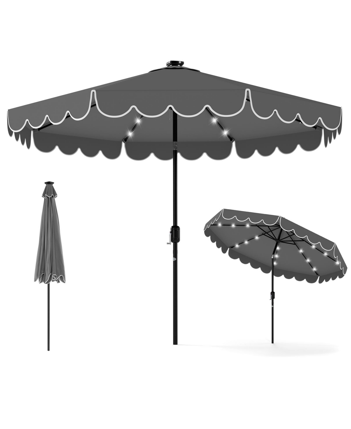9.3 Ft Solar Patio Umbrella w/ 32 Led Lights & Vented Top & Ruffles - Grey