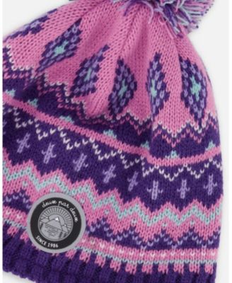 Girl Lined Peruvian Knit Pompom Hat Purple and Pink - Toddler|Child