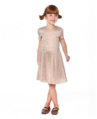 Big Girls Short Sleeve Dress with Pleated Skirt Light Caramel