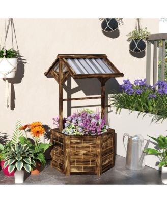 Wooden Wishing Well Planter with Galvanized Canopy, Light 25.6" W x 22.4" D x 45.7" H