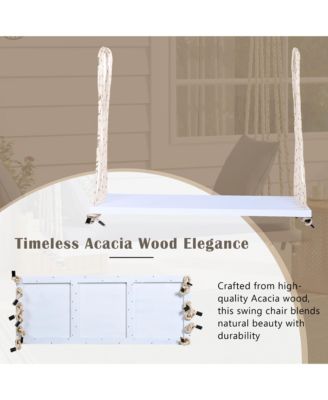 Patio Wooden Swing Chair, Hanging Porch Swing Bench with Cushion&Pillows, 10.8Ft Hemp Ropes for Garden,Backyard, Lawn,White