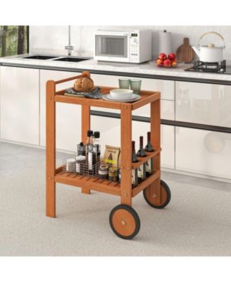 2 Tier Rolling Serving Cart with Wine Bottle Holders and 2 Rubber Wheels