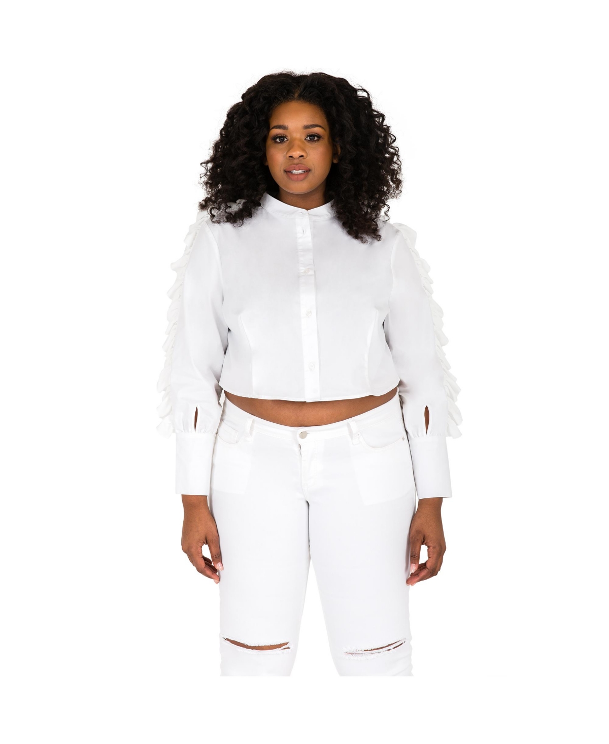 Plus Size Ruffled Poplin Button-Up Shirts - White