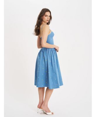 Women's Zadie Cotton Denim Drop Waist Embroidery Flower Midi Dress