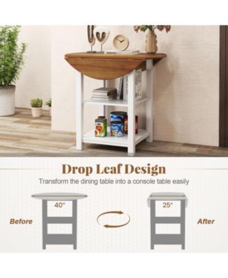 Folding Drop-Leaf Round Dining Table with 2 Shelves