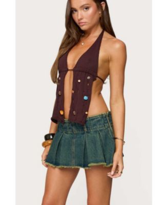 Women's Beaded Distressed Knit Split Front Top